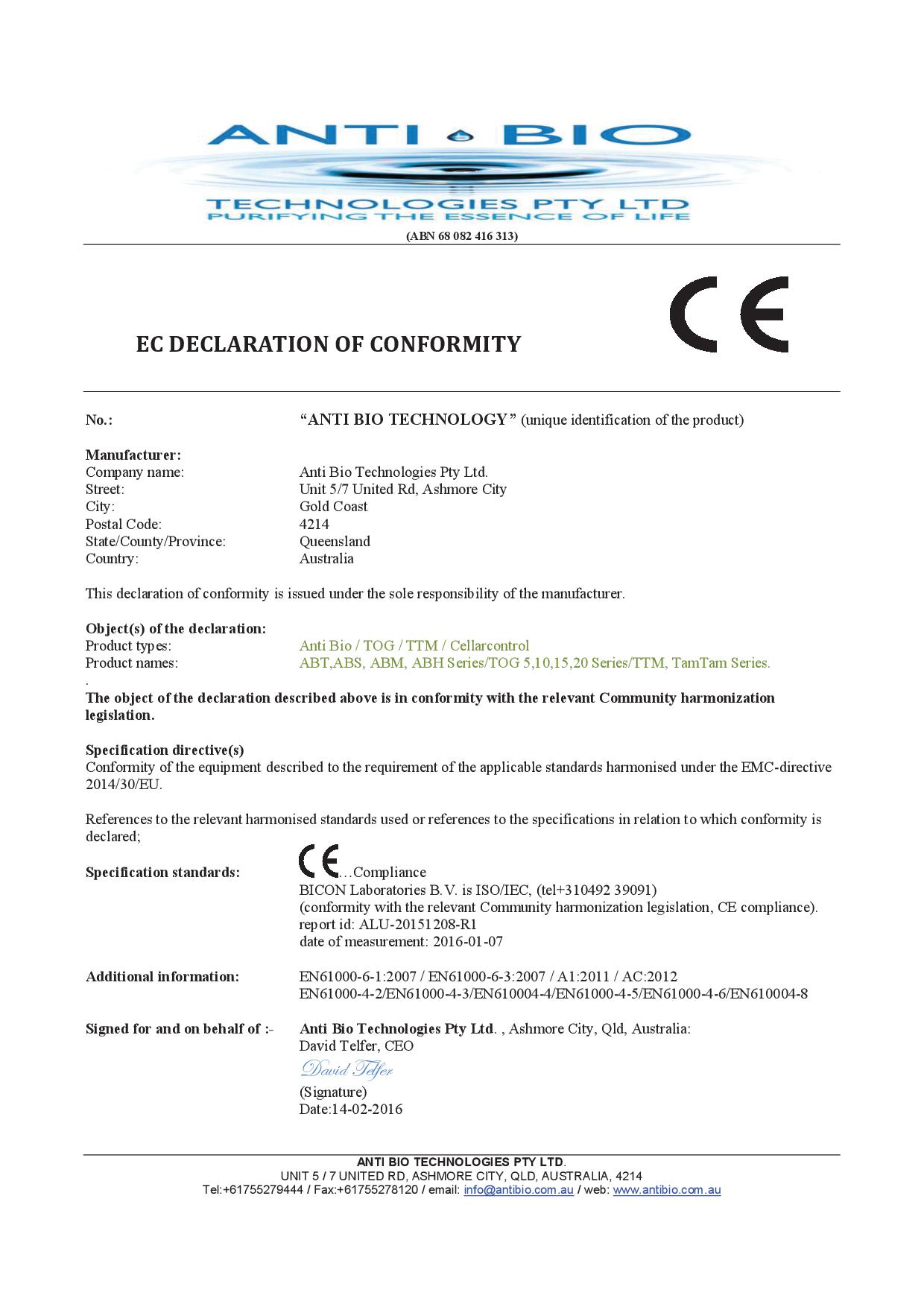 AB EC Declaration of Conformity